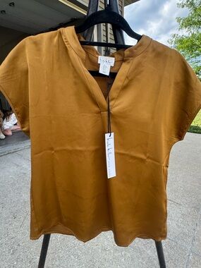 Nwt! Gold Satin V-Neck Short Sleeve dressy Top